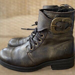 Fly London Black Gold Leather Lace Up KARA664FLY Combat Boots Moto KAYLEE Size 9